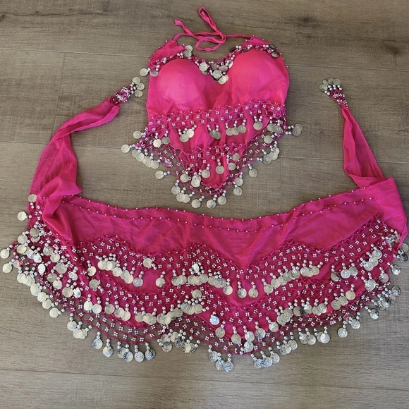 Hot Pink Belly Dance Halter Top & Skirt Gold Coin Accent Costume 24” Bust Junior - Picture 9 of 11